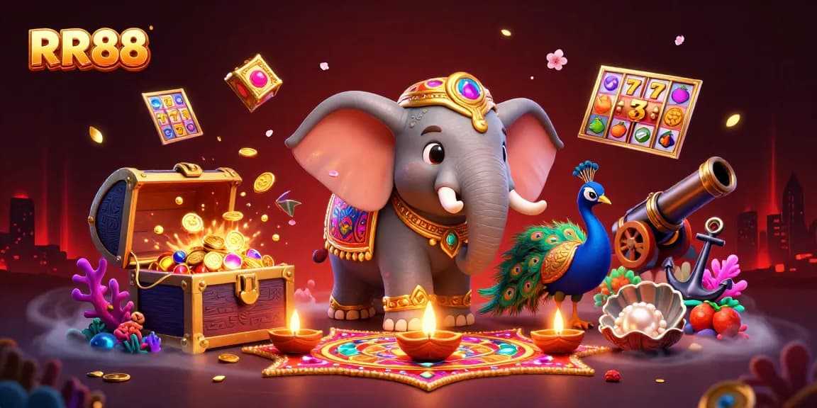 Play slots at RR88 with a vibrant 3D scene showcasing carnival magic and treasures.