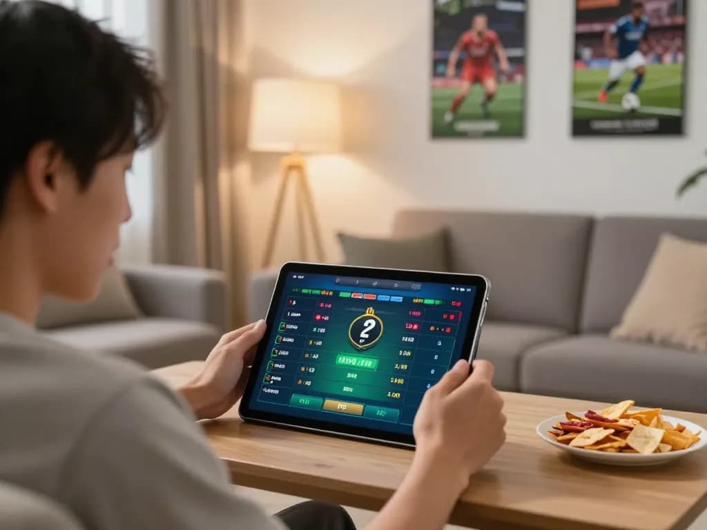 F168 user placing online sports bets on tablet in cozy living room