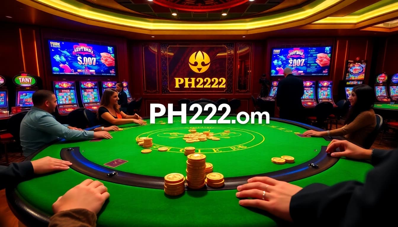 Exciting gameplay at PH222 com casino table featuring poker chips and vibrant slot machines.