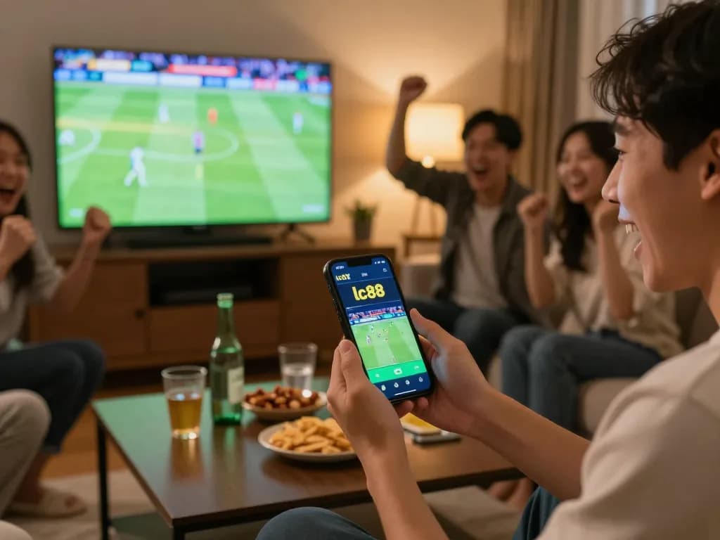 Placing bets on lc88 app during sports watching party, capturing excitement and interaction among friends