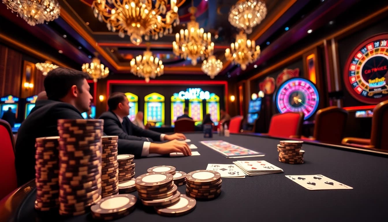 Players at CM88 enjoy a high-stakes poker game in a luxurious casino setting.