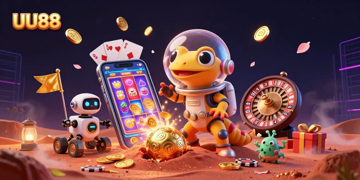 Engage with the exciting world of UU88 as the Martian gecko explores a golden casino on Mars.
