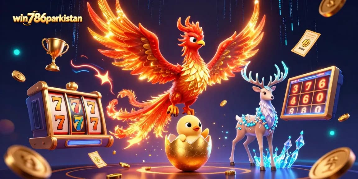 Experience thrilling slots at win786parkistan with a vibrant 3D design featuring unique characters and dynamic casino elements.