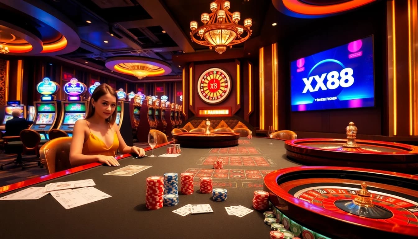 Experience the thrill of gambling at XX88's vibrant casino scene featuring roulette, cards, and chips.