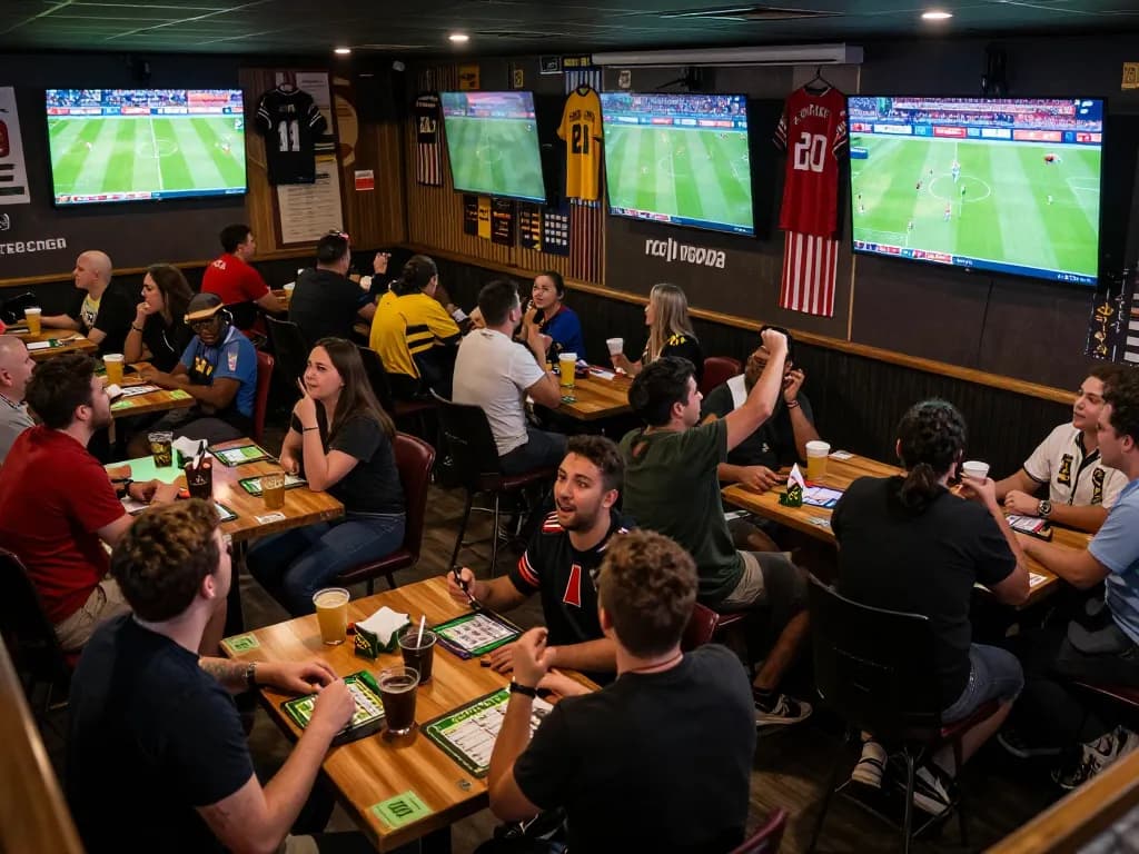 Fans engaged in sports betting excitement at nhandinhkeonhacai during a major football match.