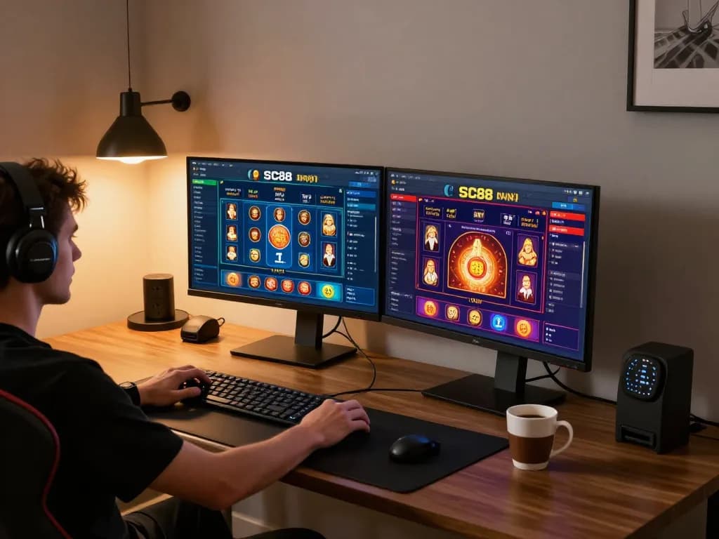 Engaging in SC88 gaming at a home setup with dual monitors showcasing vibrant casino game interfaces.