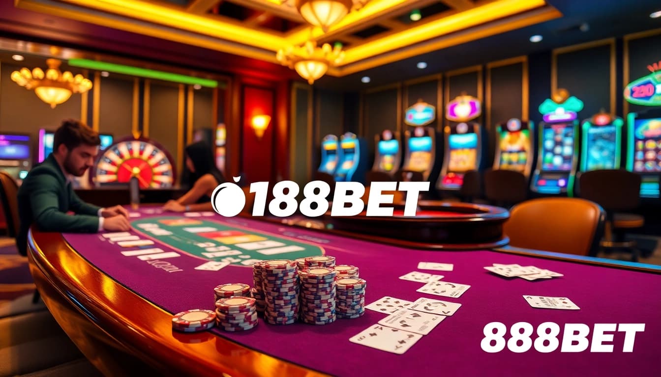 Experience thrilling bets at 188BET with a luxurious poker table and vibrant casino lights.