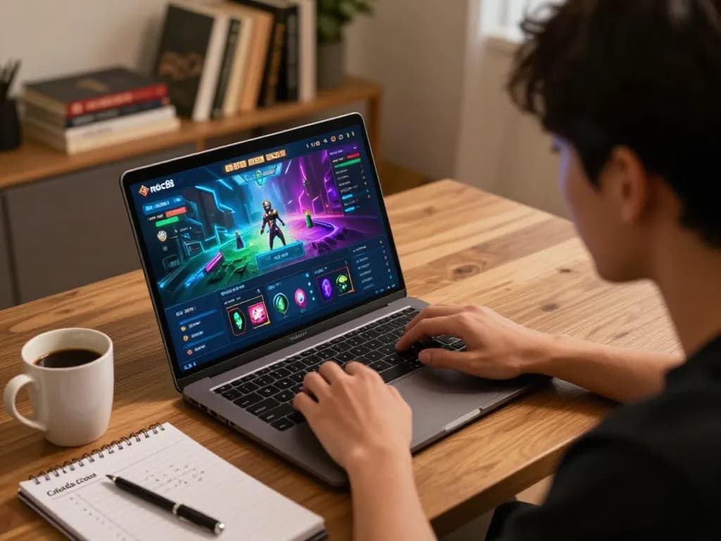 Engaged player exploring nhà cái sc88 online casino features at home with laptop.