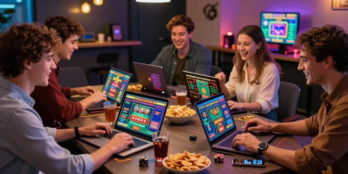 Group enjoying games at non UK casinos, showcasing vibrant atmosphere and excitement.