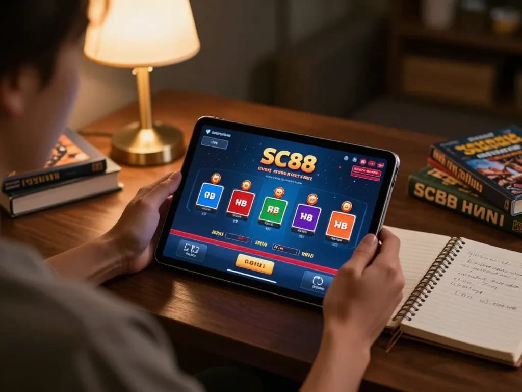 SC88 online gaming experience with a tablet showcasing vibrant casino gameplay.