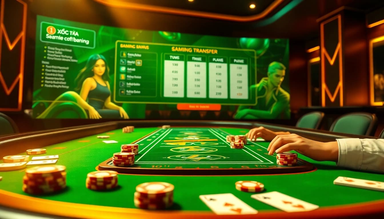 xóc đĩa chuyển khoản ngân hàng at an exquisite casino table with vibrant colors and a sleek digital interface.
