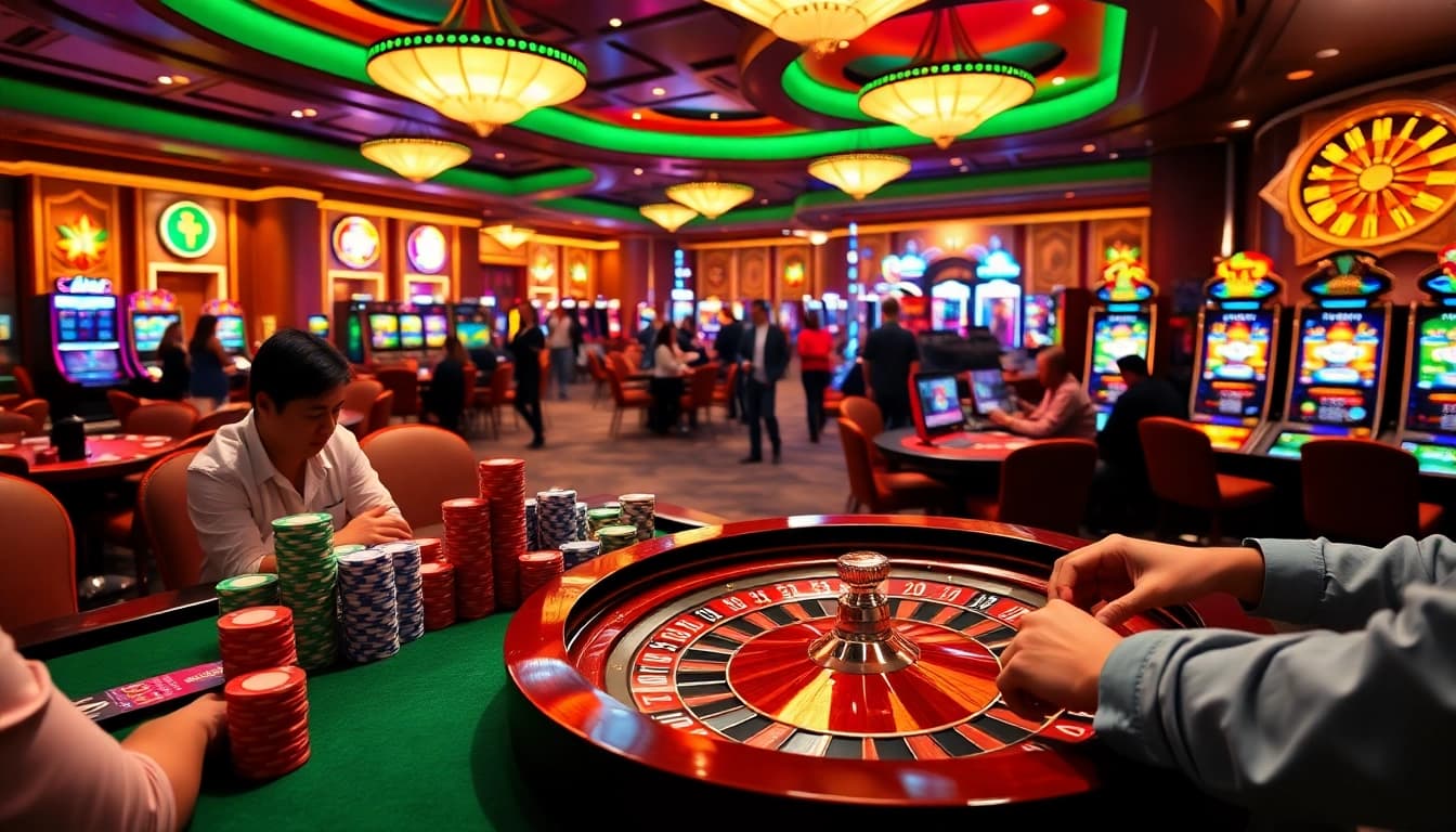 Exciting casino atmosphere showcasing Nhà Cái OK8386 poker players and vibrant slot machines.