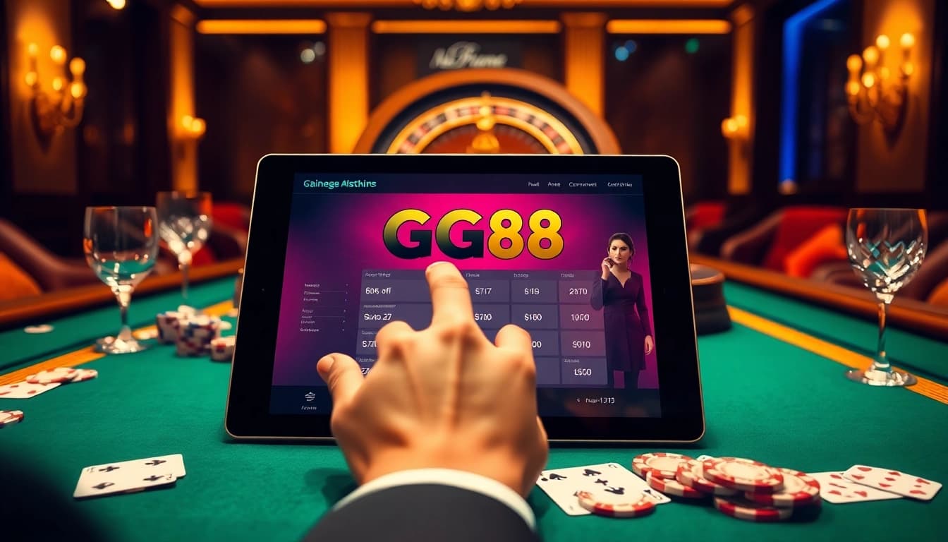 Placing bets on GG88 at a luxurious casino table with vibrant chips and cards.