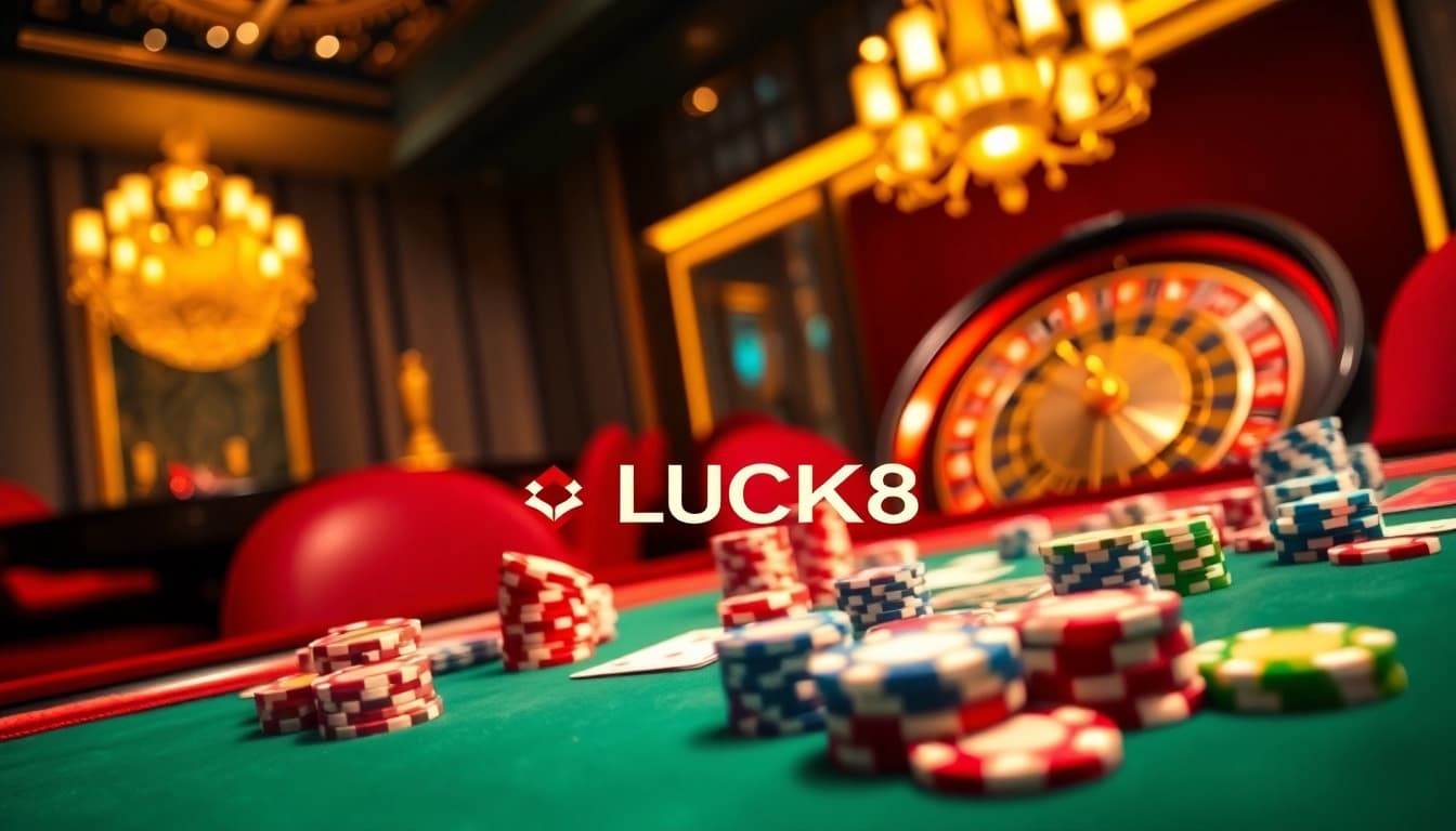 Experience the thrill of Link LUCK8 at an exquisite casino table with vibrant gaming elements.