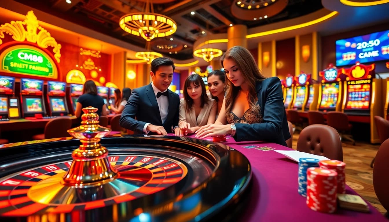 Experience the excitement of gambling at CM88 with vibrant casino visuals, poker chips, and roulette action.