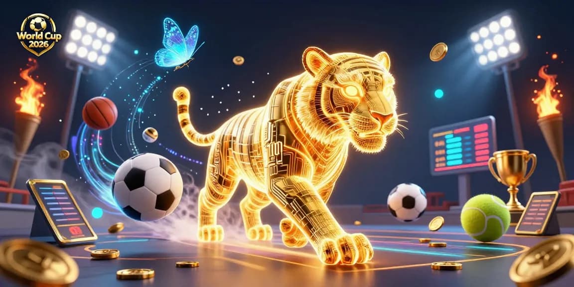 Experience the excitement of World Cup 2026 with a vibrant sports betting scene featuring dynamic sports balls and a glowing tiger.