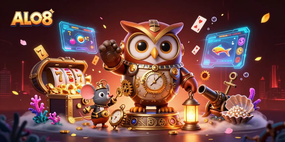 Engage in thrilling gambling adventures with ALO8 featuring a steampunk owl and dynamic casino elements.