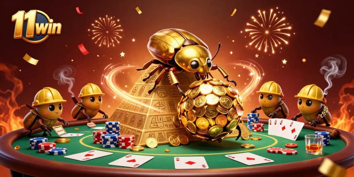 Experience the thrill of 11 win with a vivid casino scene featuring golden beetles and poker elements.