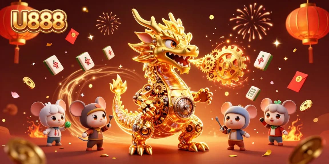 Experience immersive gaming with U888's vibrant 3D illustration of a golden dragon and festive elements.