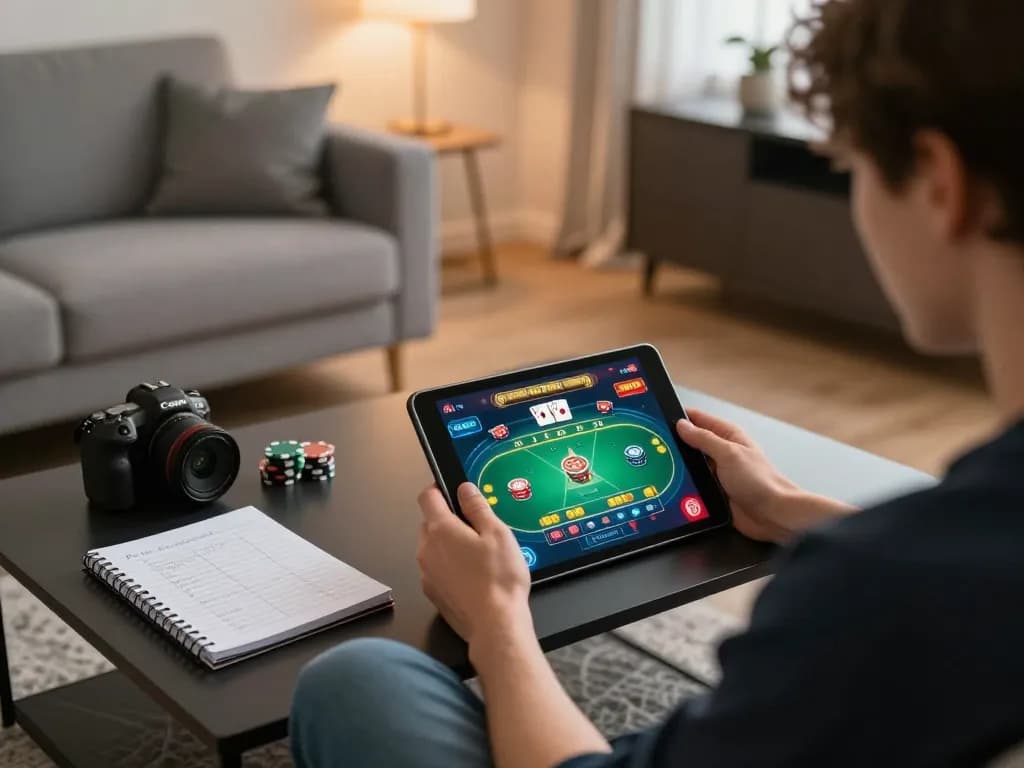 Playing casino games on a tablet at home, sunwin interface visible, creating a cozy gaming atmosphere