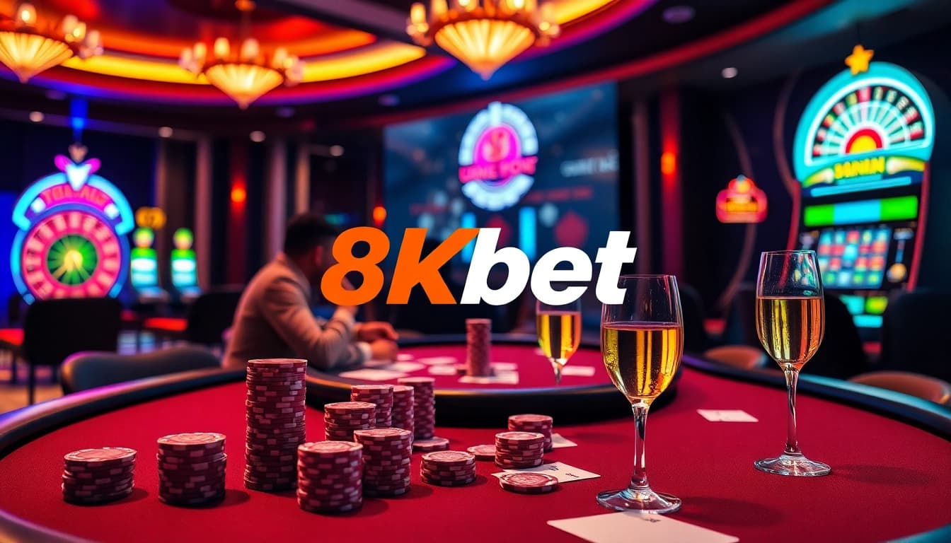 Experience thrilling gameplay at link 8kbet with luxurious casino tables and vibrant slot machines.