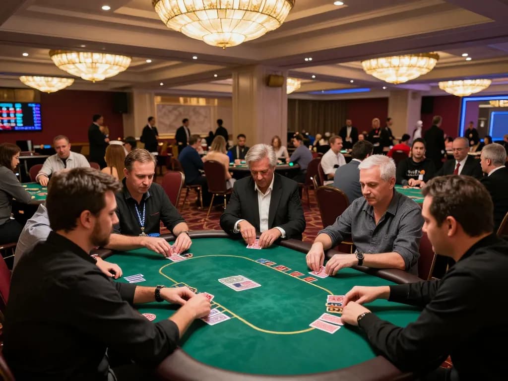 Engaged players at a reputable casino table assess their strategies with fellow players at a nhà cái uy tín.