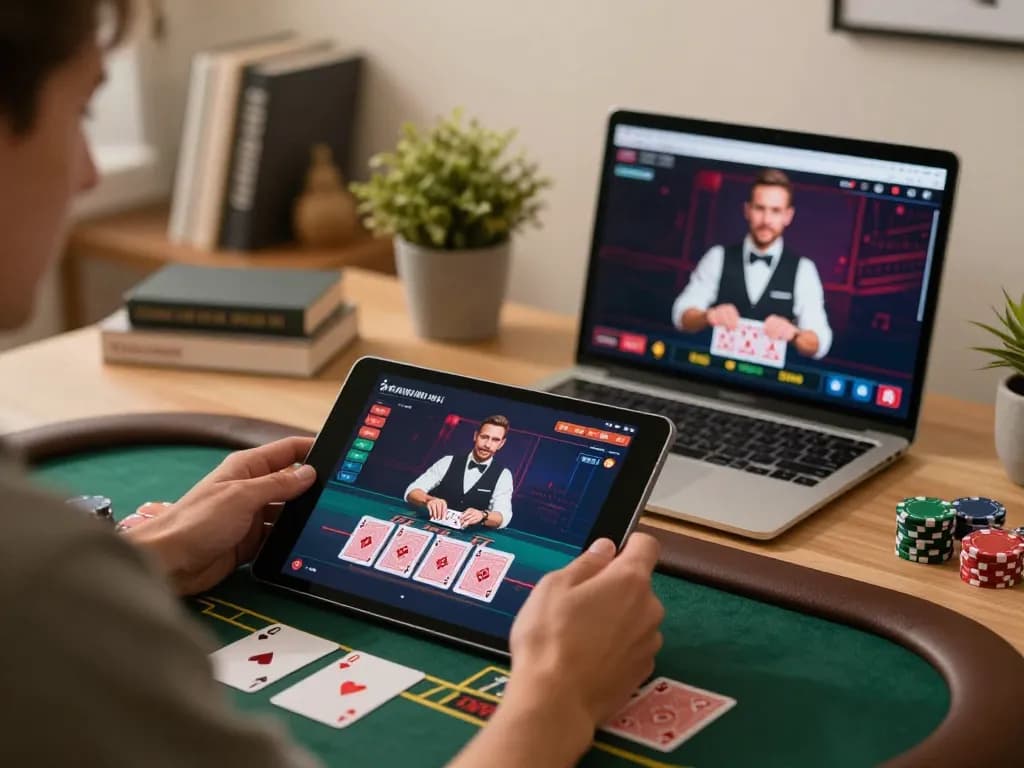 Engaged player using a tablet for live dealer blackjack, showcasing sunwin excitement in online gaming