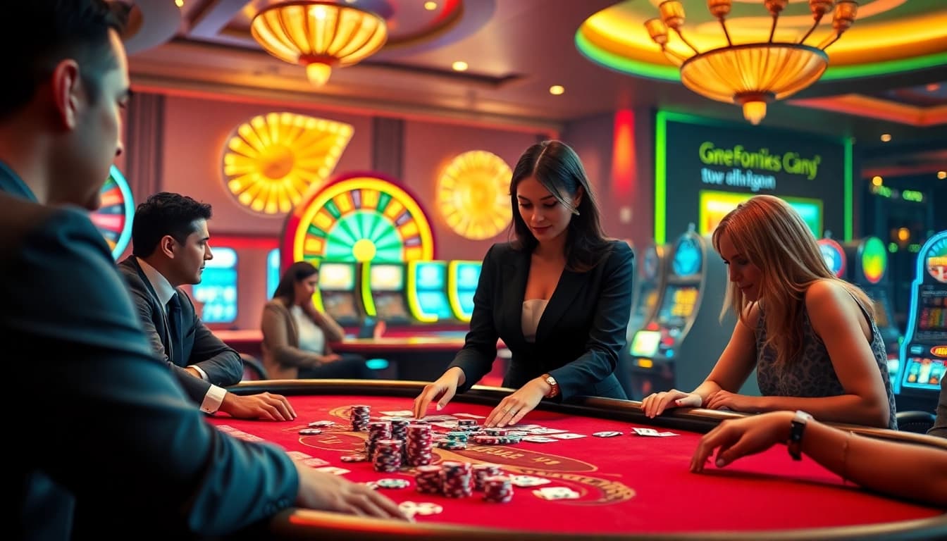 Players thrilled by F168 casino excitement at a lively poker table with chips and cards.