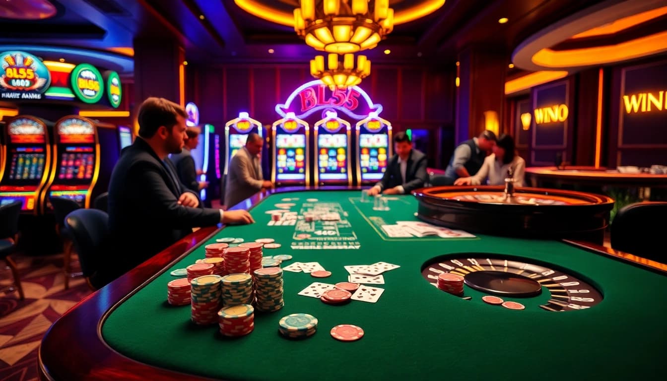 A emoção envolvente da BL555 com fichas de poker e cartas em um cassino de luxo.