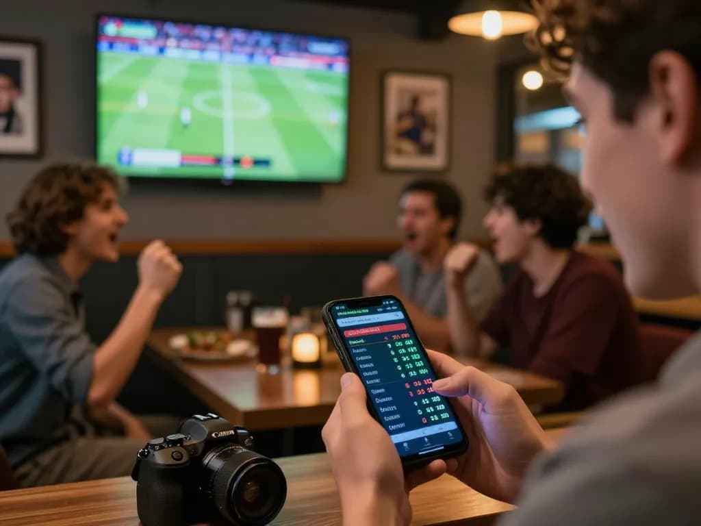 Engaging scene of checking kèo bóng đá hôm nay odds on a smartphone at a lively sports bar during a live football game.