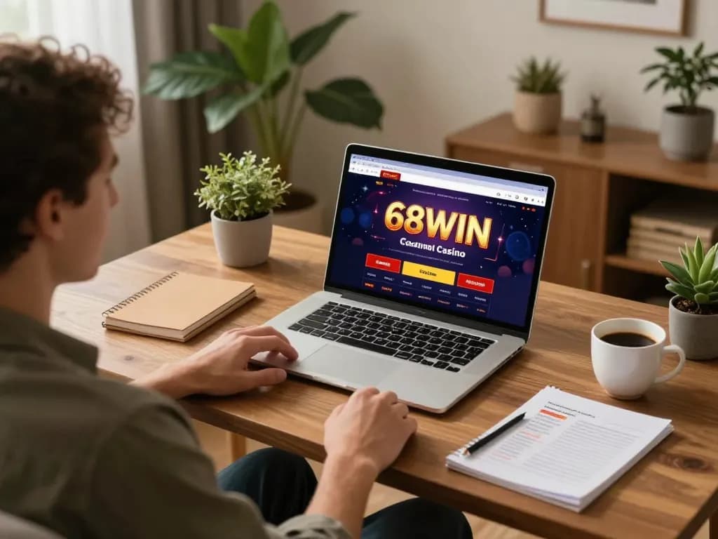 Person enjoying gameplay on the 68WIN platform at home, showcasing vibrant online gambling experience.
