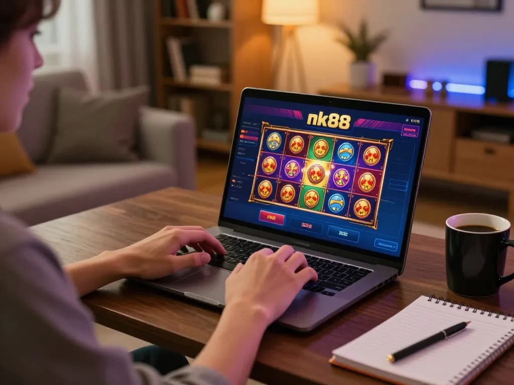 Navigating nk88 casino app on laptop showcasing lively slots for strategic online betting.