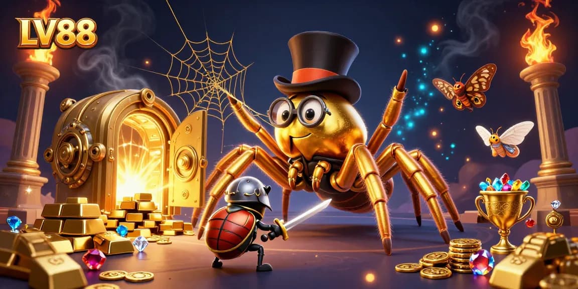 Engage with exciting games at LV88, showcasing a vibrant casino scene filled with gold and adventure.