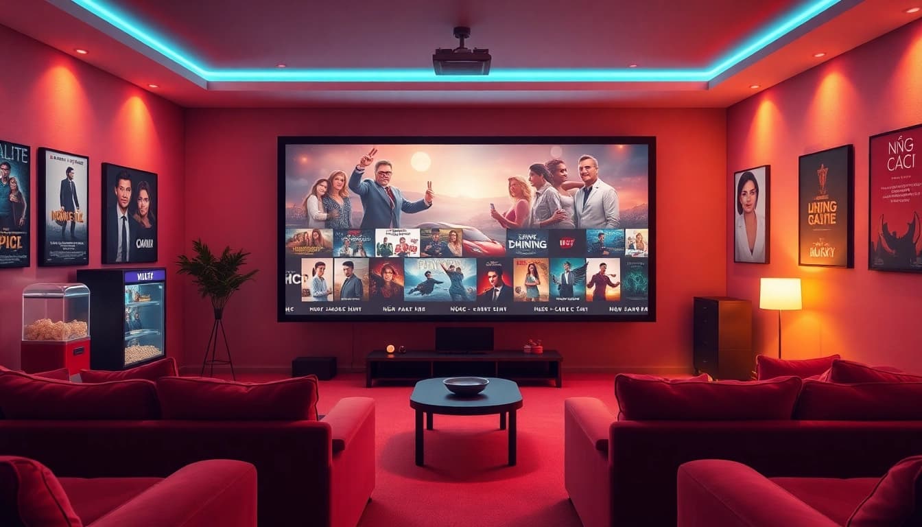 Nắng Cực TV cinematic experience in a cozy home theater with diverse film genres.