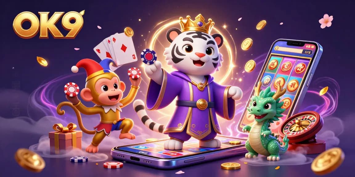 Experience the excitement of OK9 with a dynamic scene featuring a tiger, monkey, and dragon in a vibrant casino.