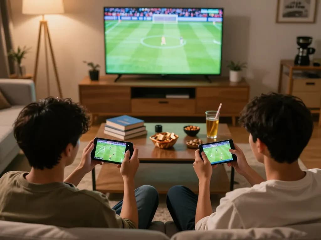 Watch live soccer games on cakhiatv app with friends enjoying drinks and snacks.