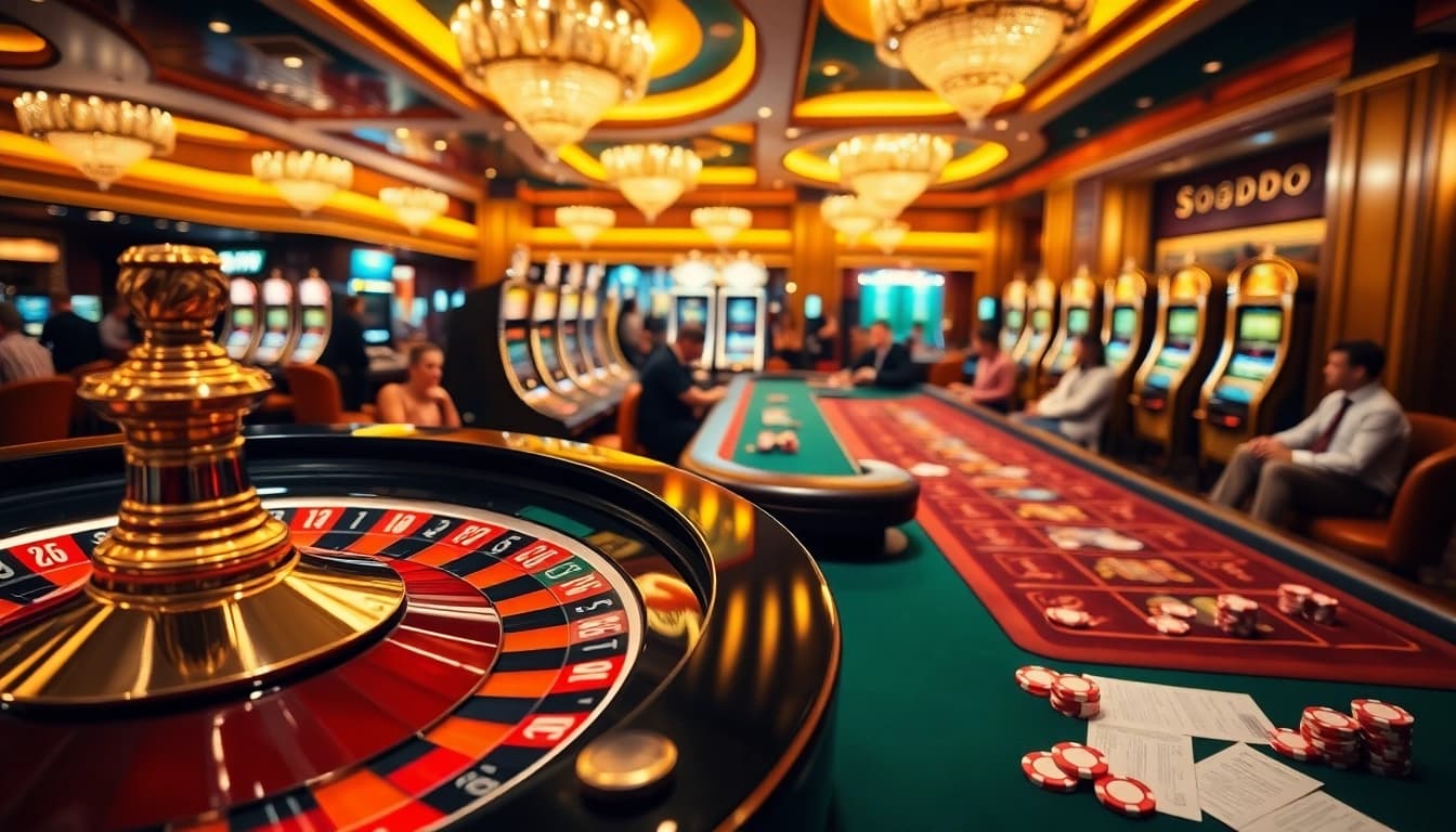 SODO CASINO vibrant gaming atmosphere with roulette and blackjack tables attracting enthusiastic gamblers