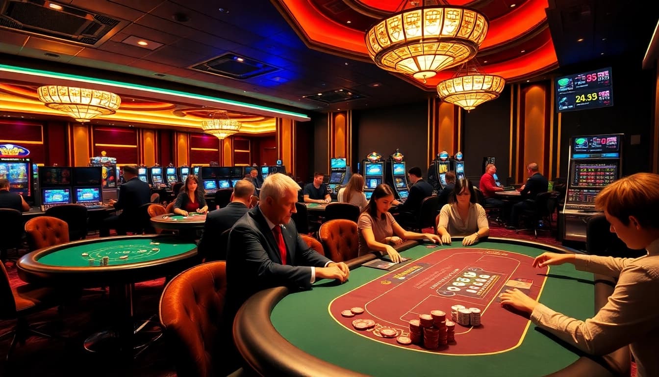 Experience the excitement of F168 with dynamic poker tables and vibrant slot machines in a luxurious casino.