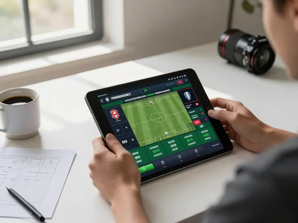 Tỷ lệ kèo nhà cái hôm nay displayed on a tablet as a user places a bet during a live sports event.