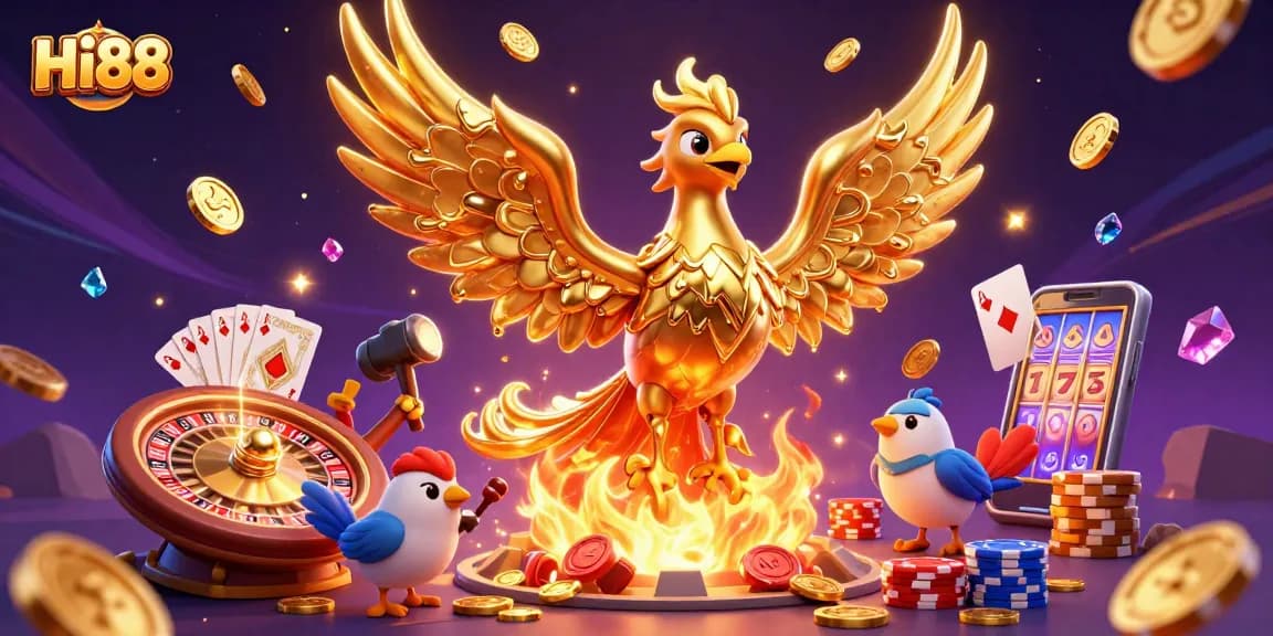 Experience thrilling gameplay at Hi88 with a golden phoenix amidst cascading coins and vibrant casino elements.