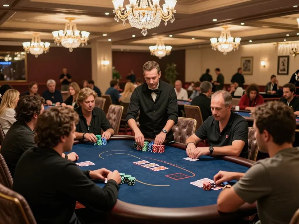 OnBet players strategizing with cards during an exciting poker game at a luxury casino.