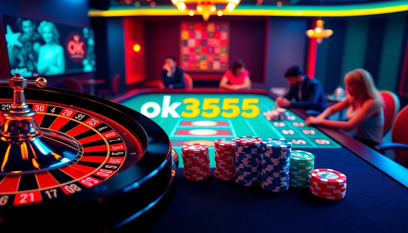 Engage in exciting gameplay at ok365 com with a stylish casino scene featuring vibrant poker chips and a roulette wheel.