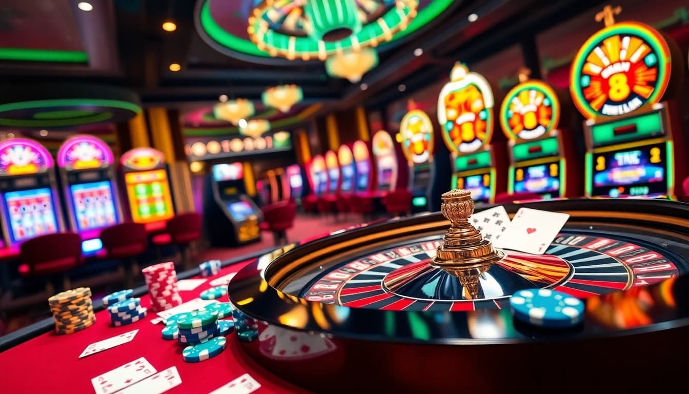 Experience the excitement of vmax.jp.net with vibrant casino visuals showcasing roulette, poker, and lively gaming.
