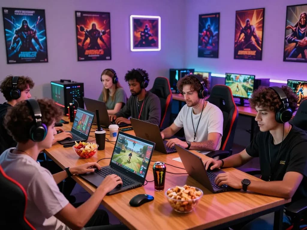 Engaging gamers enjoying okwin.com in a vibrant gaming lounge with laptops and mobile devices.