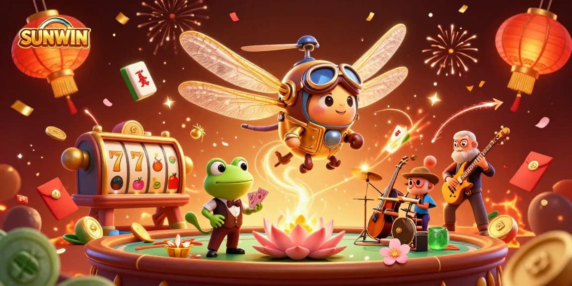 Experience immersive gaming with SUNWIN at a vibrant lily pad casino complete with characters and lively casino elements.