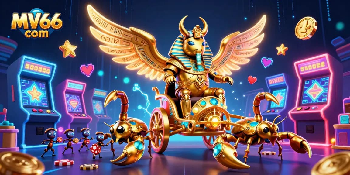 Experience the excitement with MV66 com, featuring a golden scarab beetle and vibrant casino elements