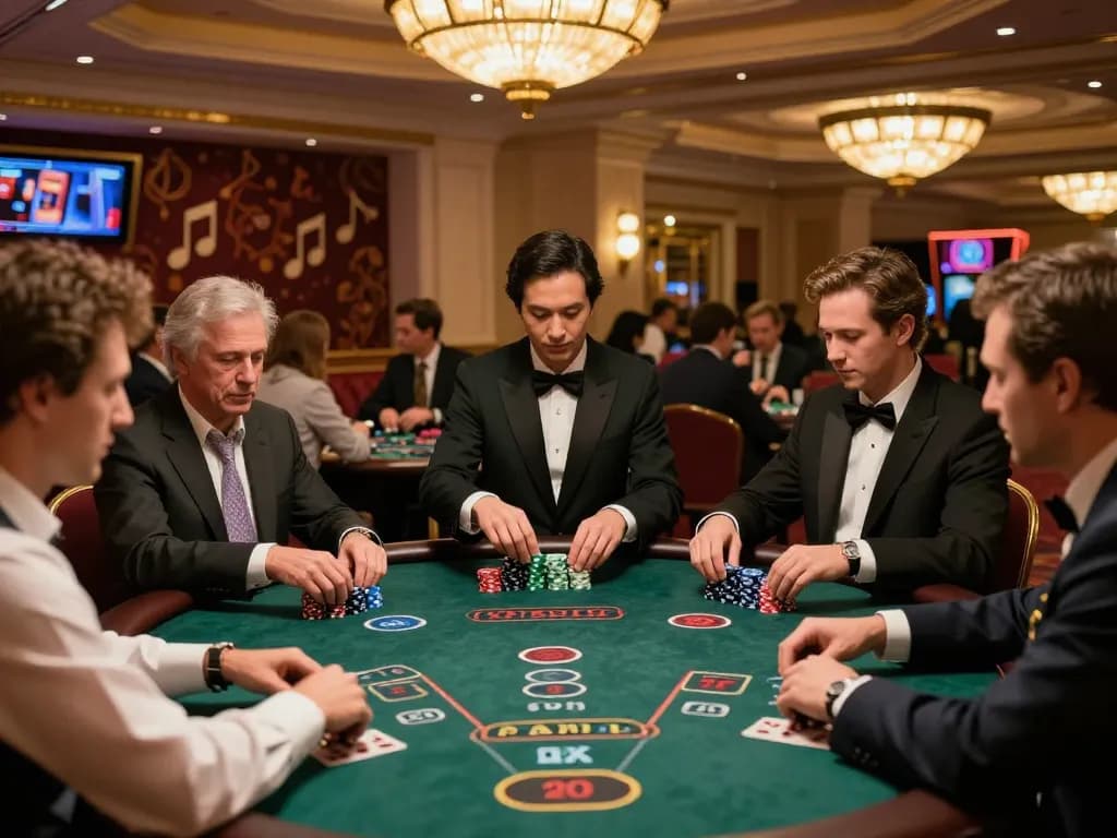 xx88 players strategizing over a blackjack table in an elegant casino atmosphere