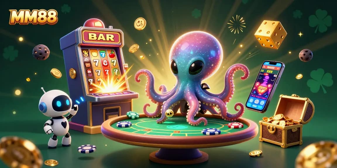 Engage in thrilling gaming with MM88 in a vibrant cosmic casino illustration.