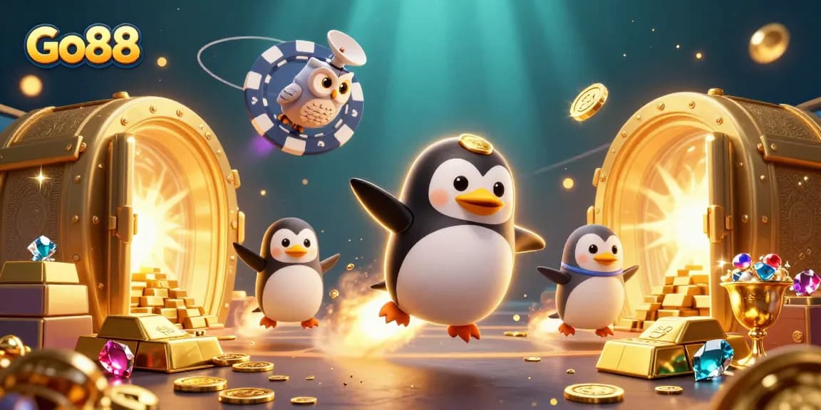 Go88's golden penguin launches into a vibrant casino universe, promising exciting gameplay.