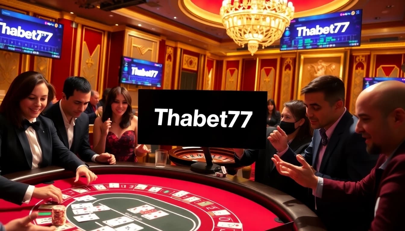 Experience the thrill of blackjack at Thabet77, featuring players, vibrant chips, and a luxurious casino atmosphere.